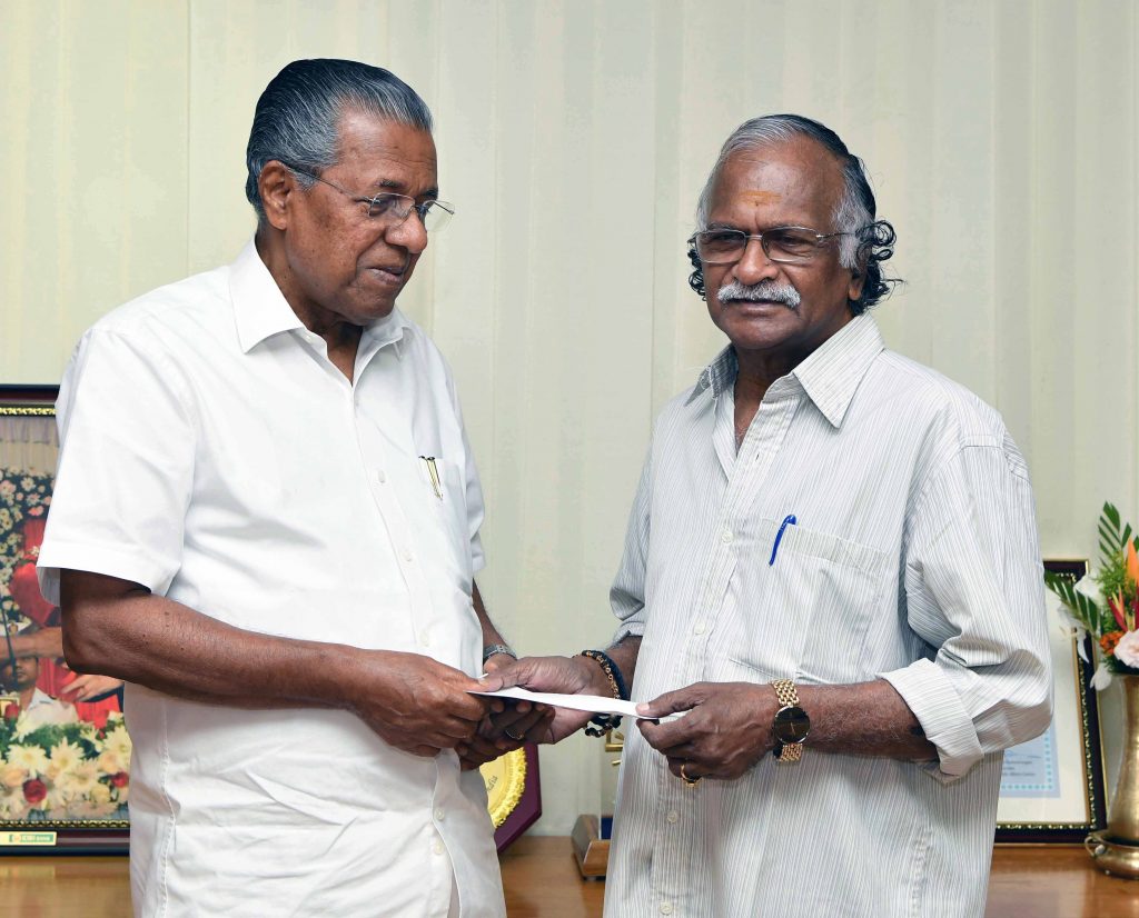 Kerala Rains Sreekumaran Thampi donates one lakh from J C Daniel Award Cash prize to CM relief fund 1